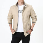 Khaki Men's Lightweight Harrington Jacket with Stand Collar & Striped Cuffs — Edward
