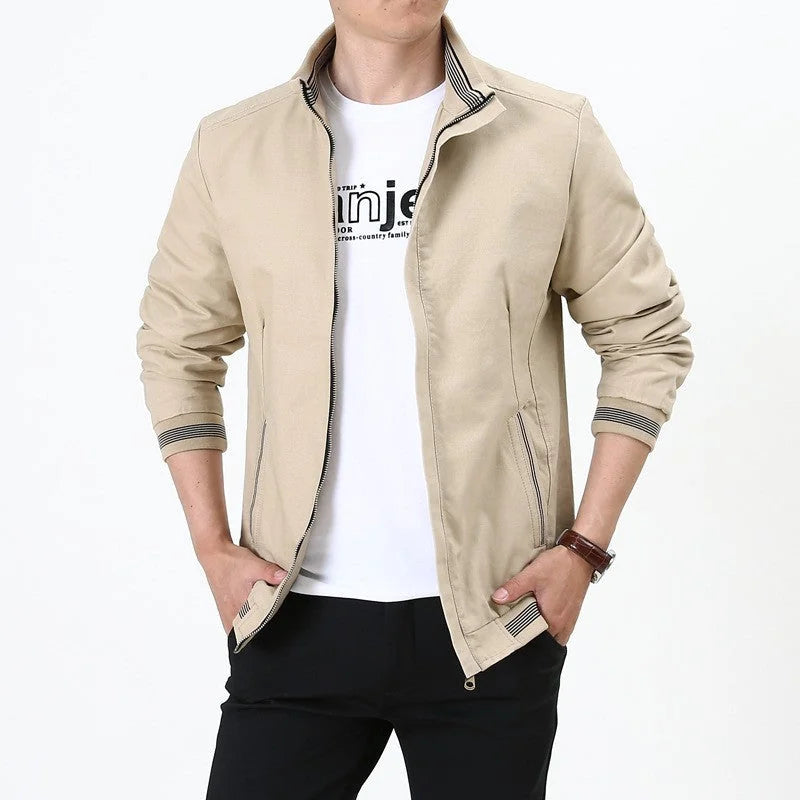 Khaki Men's Lightweight Harrington Jacket with Stand Collar & Striped Cuffs — Edward