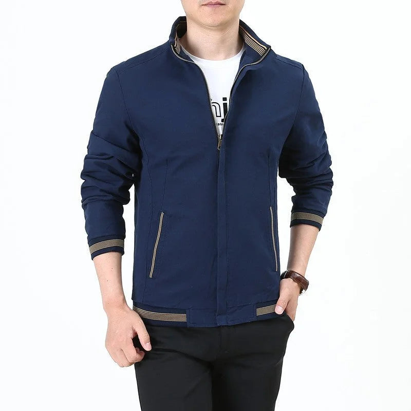 Navy Men's Lightweight Harrington Jacket with Stand Collar & Striped Cuffs — Edward - Front Side Angle