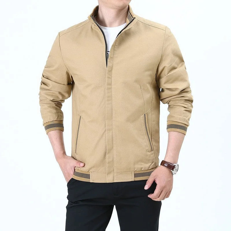 Ochre Men's Lightweight Harrington Jacket with Stand Collar & Striped Cuffs — Edward