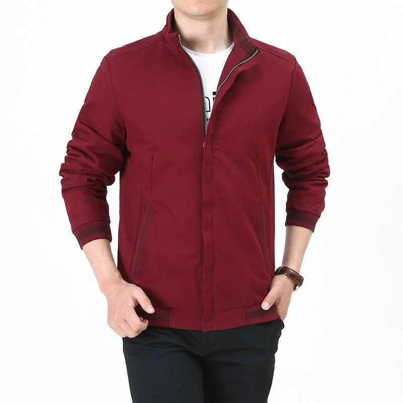 Red Men's Lightweight Harrington Jacket with Stand Collar & Striped Cuffs — Edward - Front Casual Stance