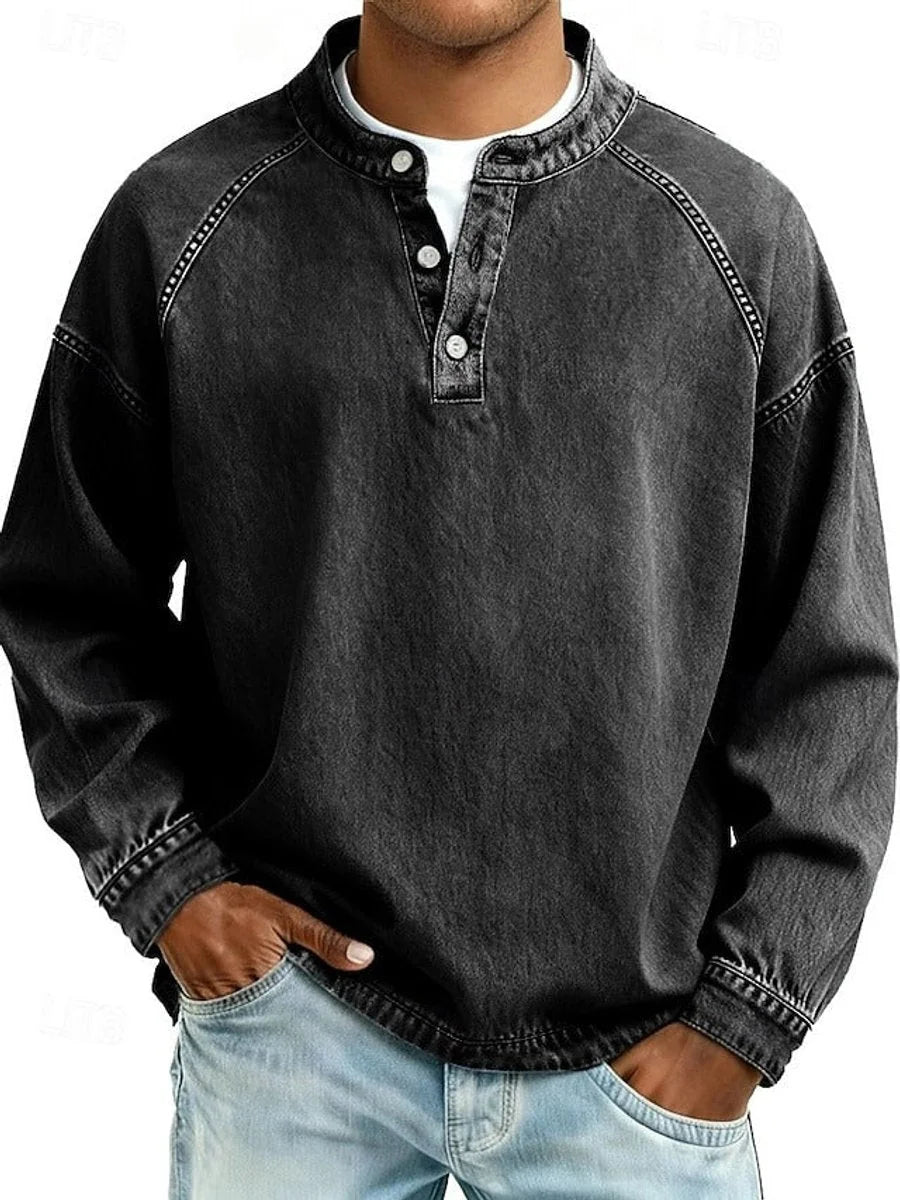 Black Men's Henley Knit Sweater with Button-Front Placket & Raglan Sleeves