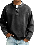 Black Men's Henley Knit Sweater with Button-Front Placket & Raglan Sleeves