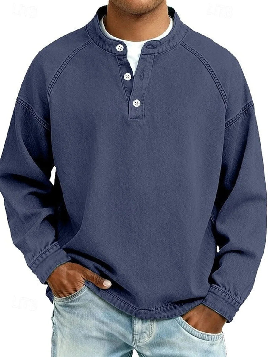 Dark Blue Men's Henley Knit Sweater with Button-Front Placket & Raglan Sleeves — Lincoln