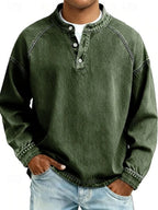 Dark Green Men's Henley Knit Sweater with Button-Front Placket & Raglan Sleeves — Lincoln