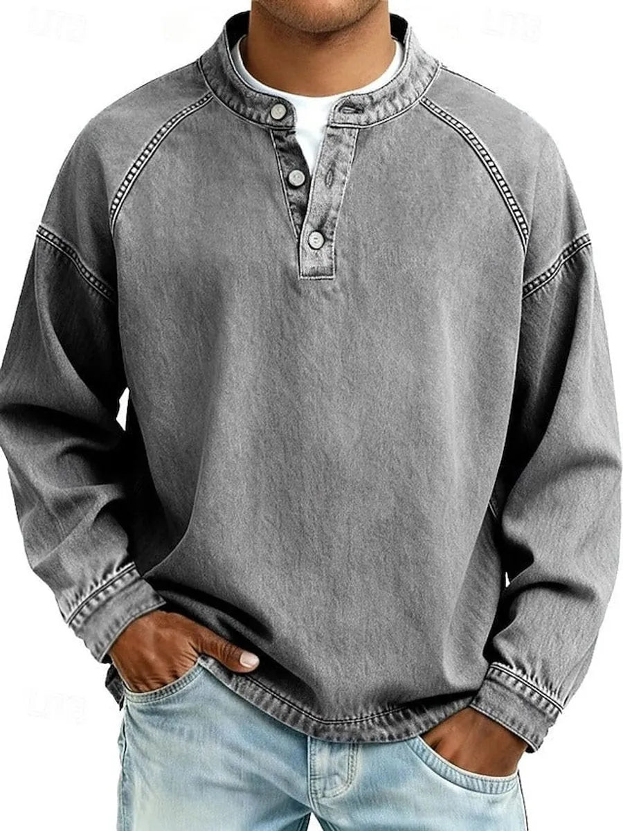 Grey Men's Henley Knit Sweater with Button-Front Placket & Raglan Sleeves