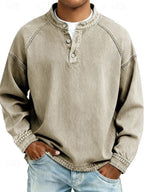 Khaki Men's Henley Knit Sweater with Button-Front Placket & Raglan Sleeves