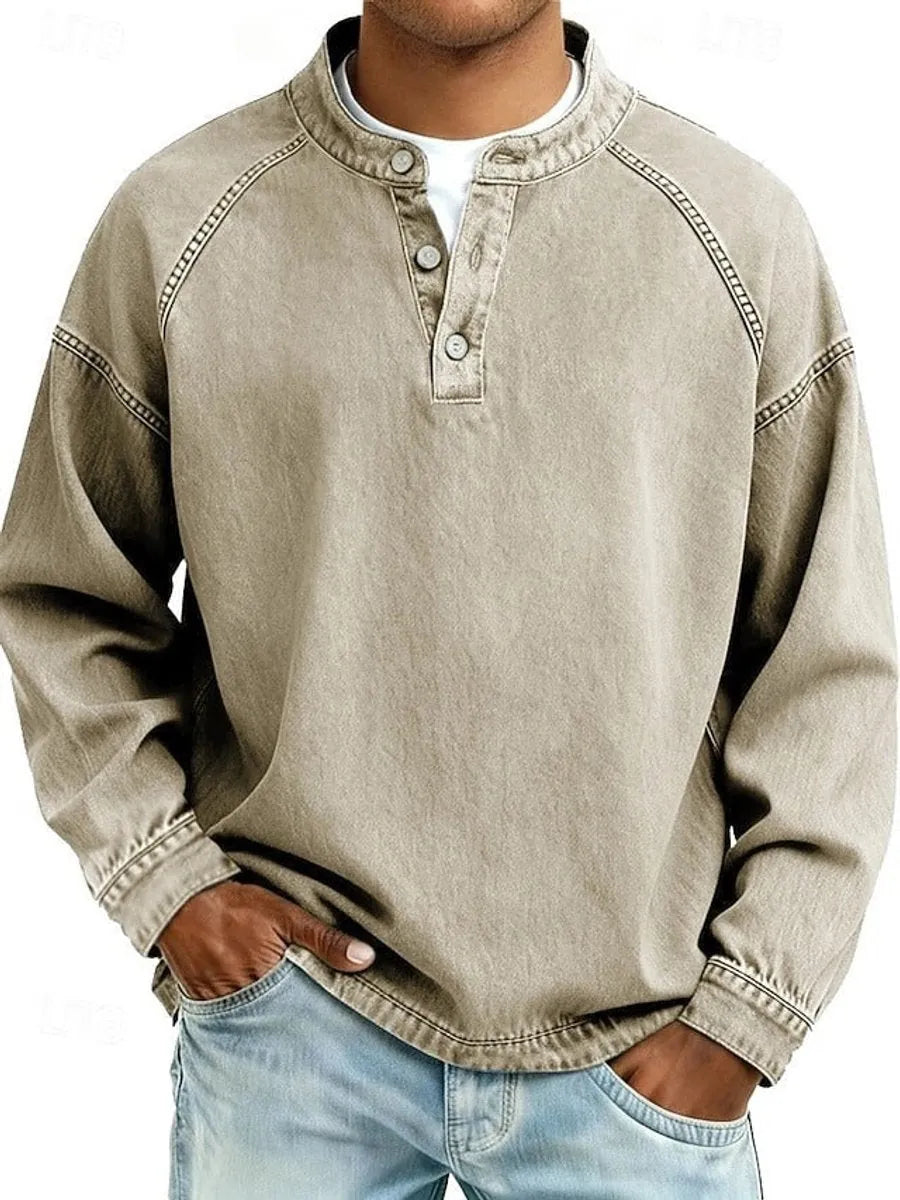 Khaki Men's Henley Knit Sweater with Button-Front Placket & Raglan Sleeves