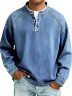 Light Blue Men's Henley Knit Sweater with Button-Front Placket & Raglan Sleeves