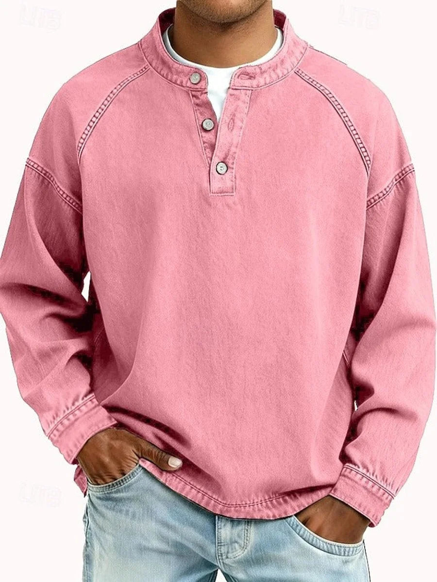Pink Men's Henley Knit Sweater with Button-Front Placket & Raglan Sleeves — Lincoln