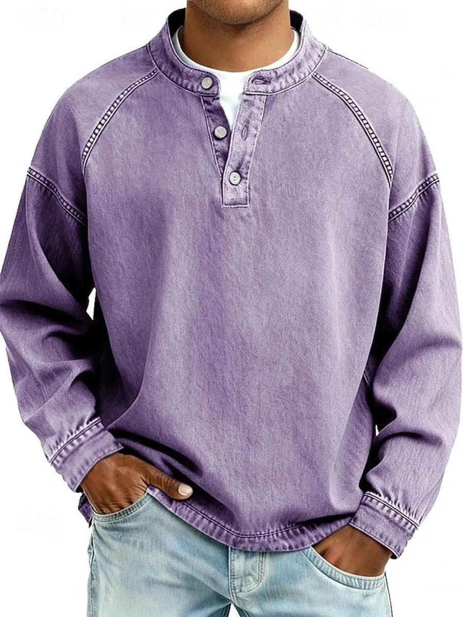 Purple Men's Henley Knit Sweater with Button-Front Placket & Raglan Sleeves — Lincoln