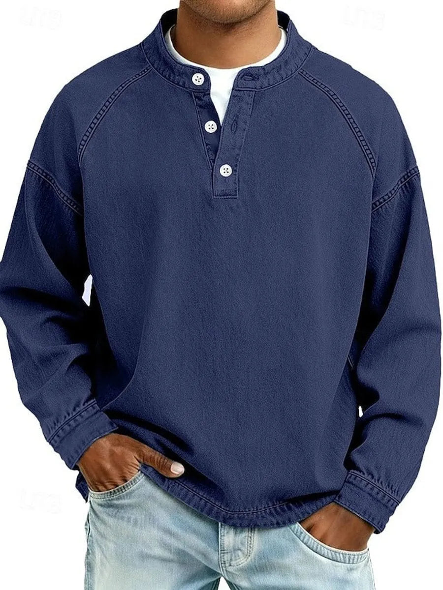 Royal Blue Men's Henley Knit Sweater with Button-Front Placket & Raglan Sleeves — Lincoln