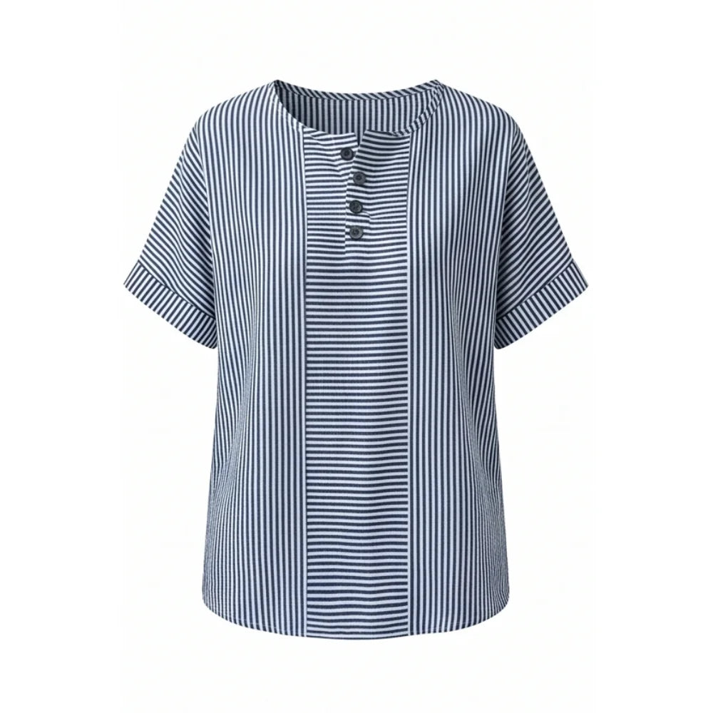 Blue Women's Striped Henley Top — Bianca Relaxed Button-Front Everyday - Studio Front