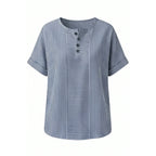 Blue Women's Striped Henley Top — Bianca Relaxed Button-Front Everyday - Studio Front