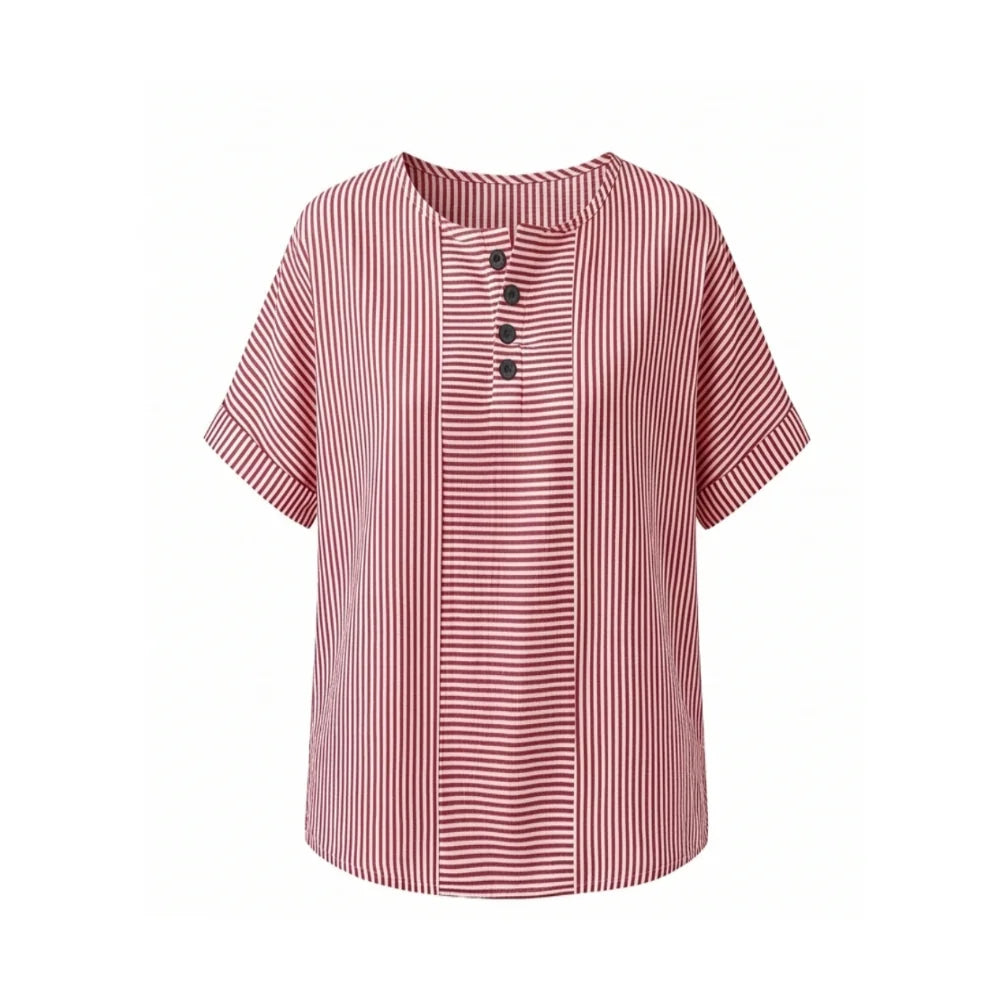 Red Women's Striped Henley Top — Bianca Relaxed Button-Front Everyday - Studio Front
