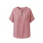 Red Women's Striped Henley Top — Bianca Relaxed Button-Front Everyday - Studio Front