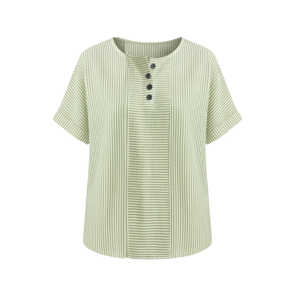 Sage Women's Striped Henley Top — Pia Cotton Button-Front Relaxed Fit - Studio White