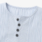 Sky Blue Women's Striped Henley Top — Bianca Relaxed Button-Front Everyday - Close Up Neckline