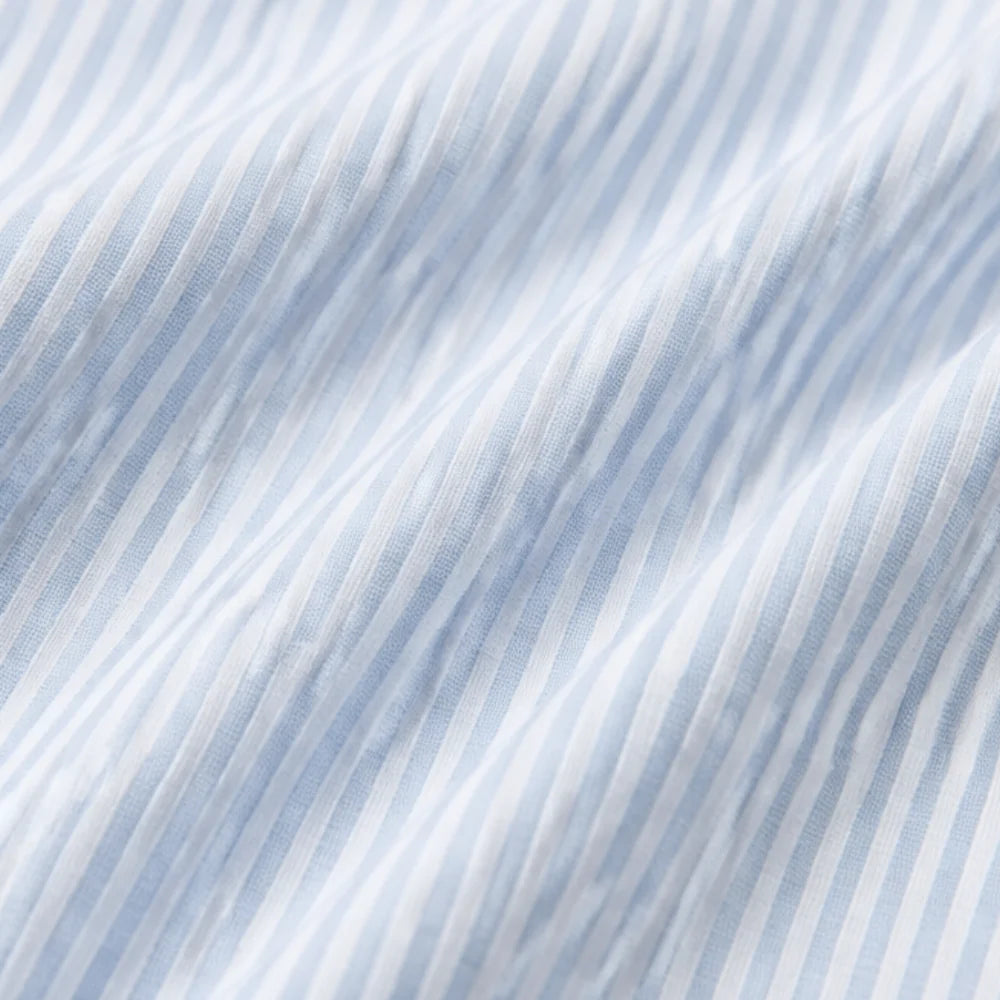 Sky Blue Women's Striped Henley Top — Bianca Relaxed Button-Front Everyday - Fabric Close Up