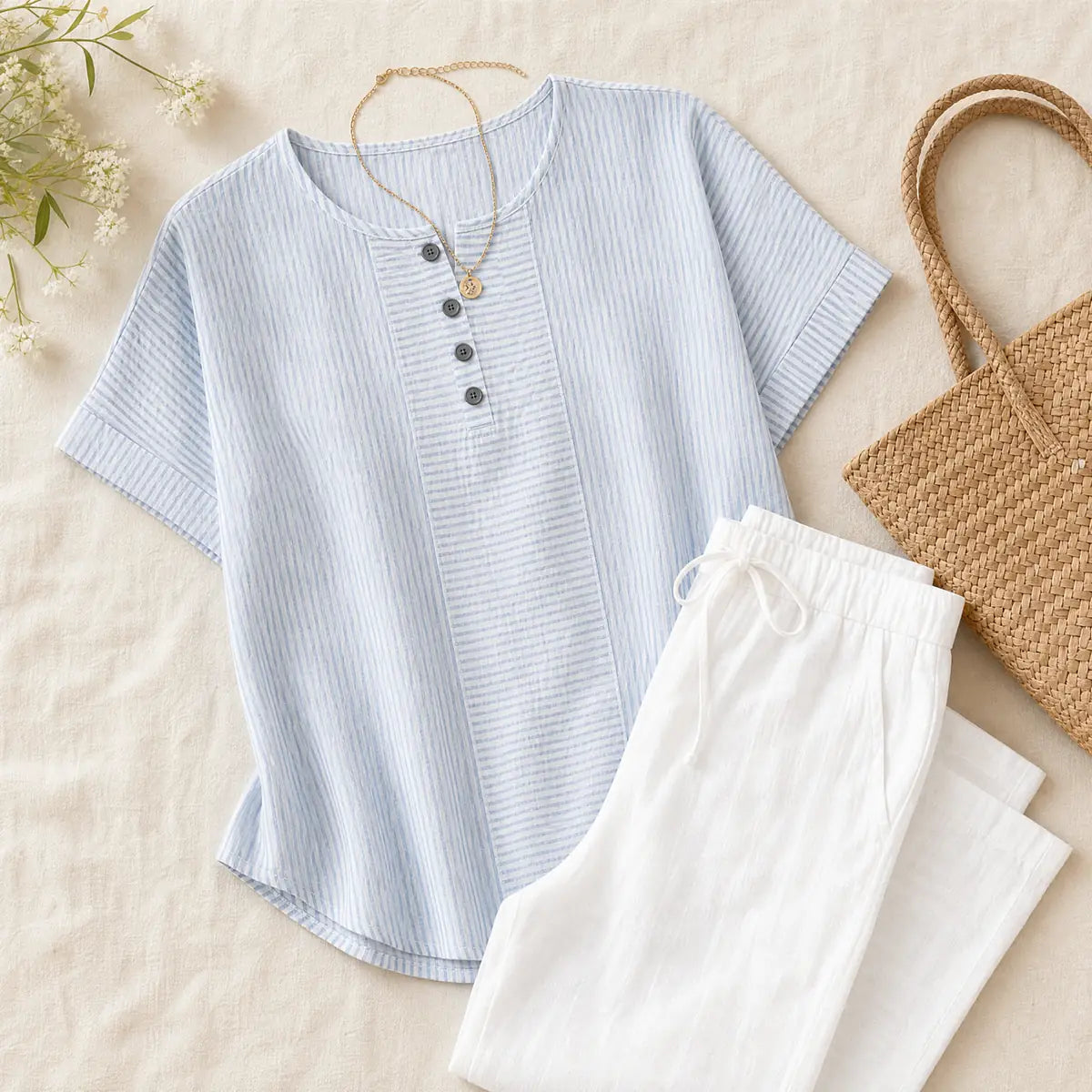 Sky Blue Women's Striped Henley Top — Bianca Relaxed Button-Front Everyday - Flat Lay