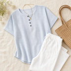 Sky Blue Women's Striped Henley Top — Bianca Relaxed Button-Front Everyday - Flat Lay