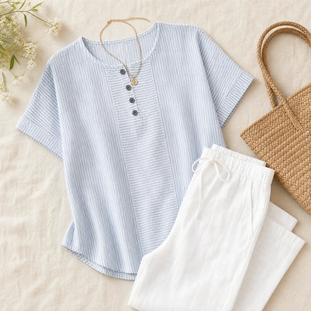 Sky Blue Women's Striped Henley Top — Pia Cotton Button-Front Relaxed Fit - Flat Lay