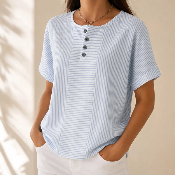 Sky Blue Women's Striped Henley Top — Bianca Relaxed Button-Front Everyday - Front Full