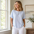 Sky Blue Women's Striped Henley Top — Pia Cotton Button-Front Relaxed Fit - Indoor Pose