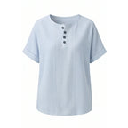 Sky Blue Women's Striped Henley Top — Pia Cotton Button-Front Relaxed Fit - Studio White