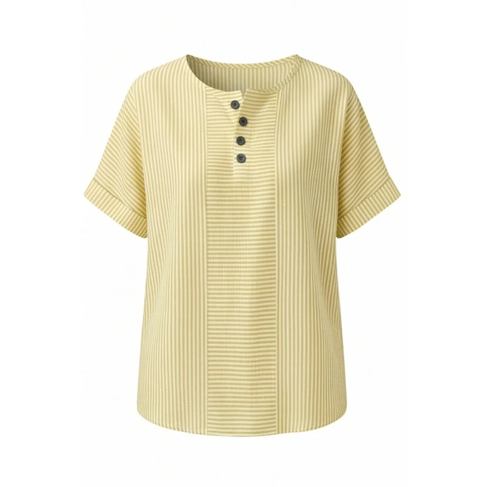 Yellow Women's Striped Henley Top — Bianca Relaxed Button-Front Everyday - Studio Front