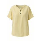 Yellow Women's Striped Henley Top — Bianca Relaxed Button-Front Everyday - Studio Front