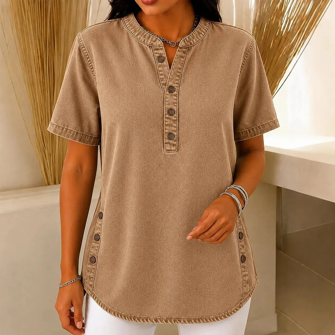 Brown Women's Henley Tunic Top — Freya Button-Front Side-Button Relaxed Fit - Front Full Alt