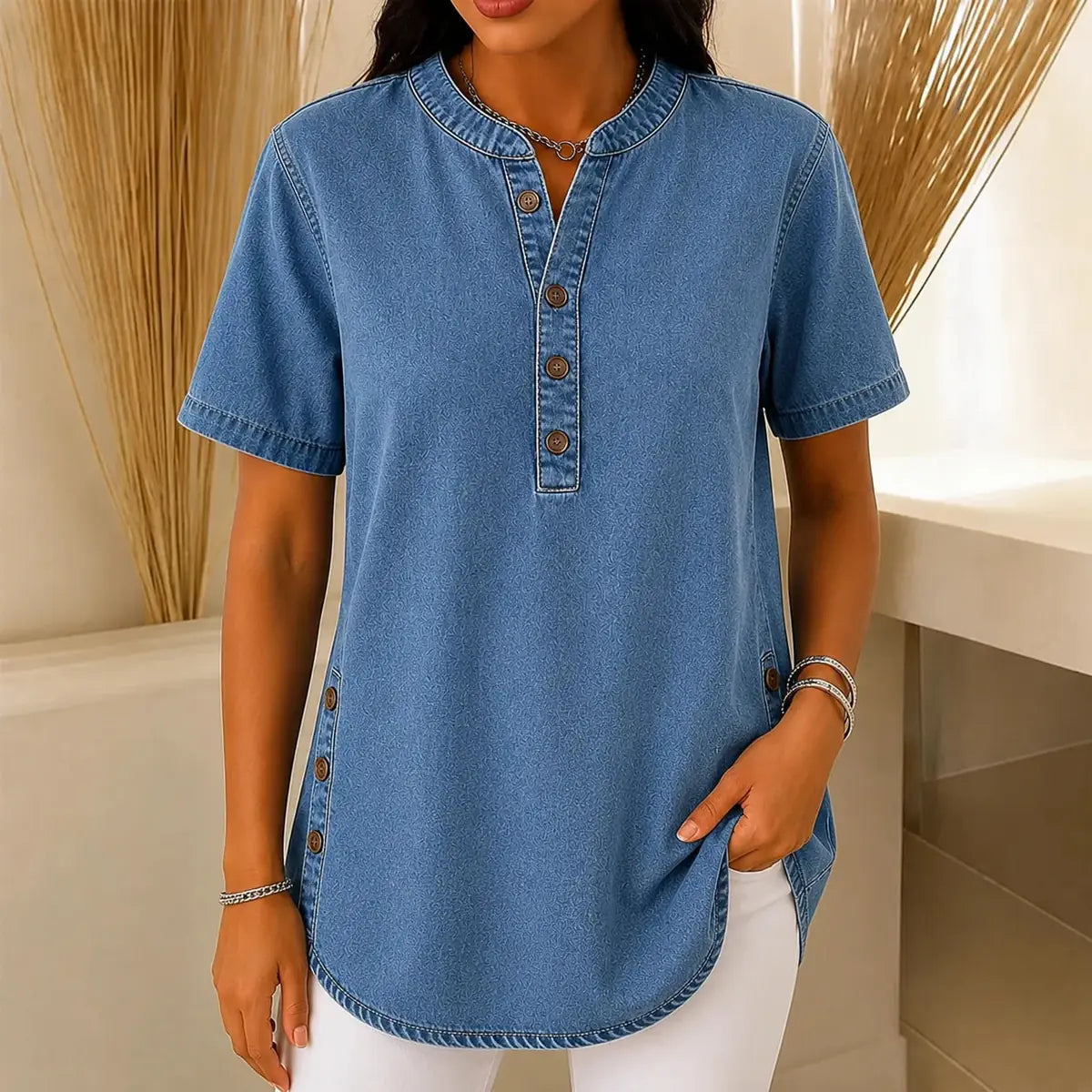 Denim Women's Henley Tunic Top — Freya Button-Front Side-Button Relaxed Fit - Side Pose