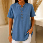 Denim Women's Henley Tunic Top — Freya Button-Front Side-Button Relaxed Fit - Side Pose
