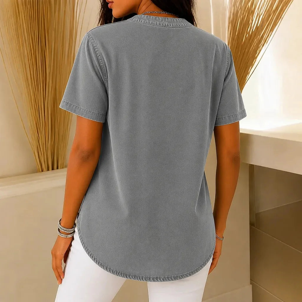 Gray Women's Henley Tunic Top — Freya Button-Front Side-Button Relaxed Fit - Back Full