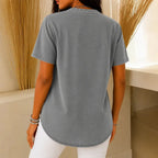 Gray Women's Henley Tunic Top — Freya Button-Front Side-Button Relaxed Fit - Back Full