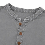 Gray Women's Henley Tunic Top — Freya Button-Front Side-Button Relaxed Fit - Close Up Neckline