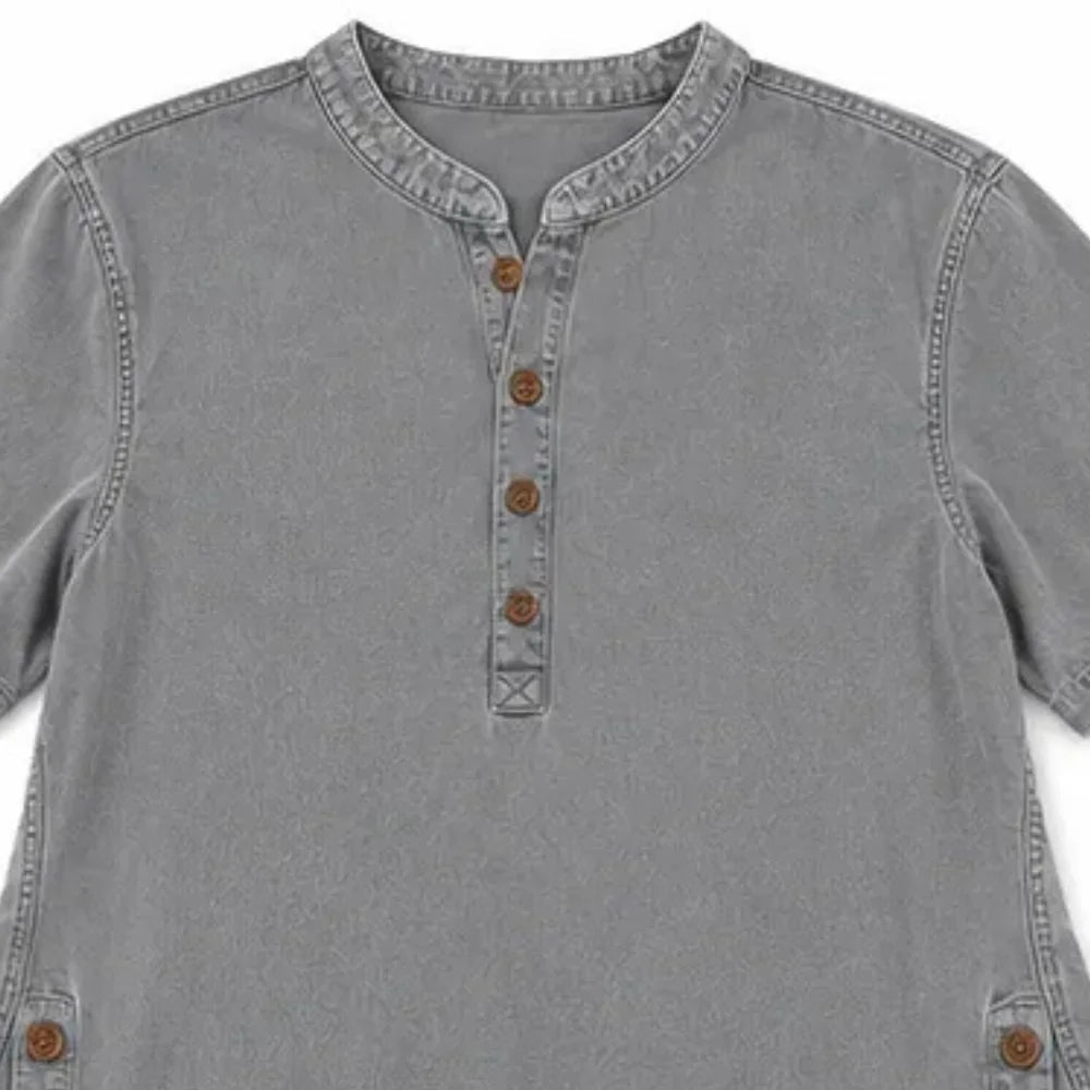 Gray Women's Henley Tunic Top — Freya Button-Front Side-Button Relaxed Fit - Collar Close Up