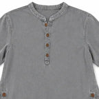 Gray Women's Henley Tunic Top — Freya Button-Front Side-Button Relaxed Fit - Collar Close Up