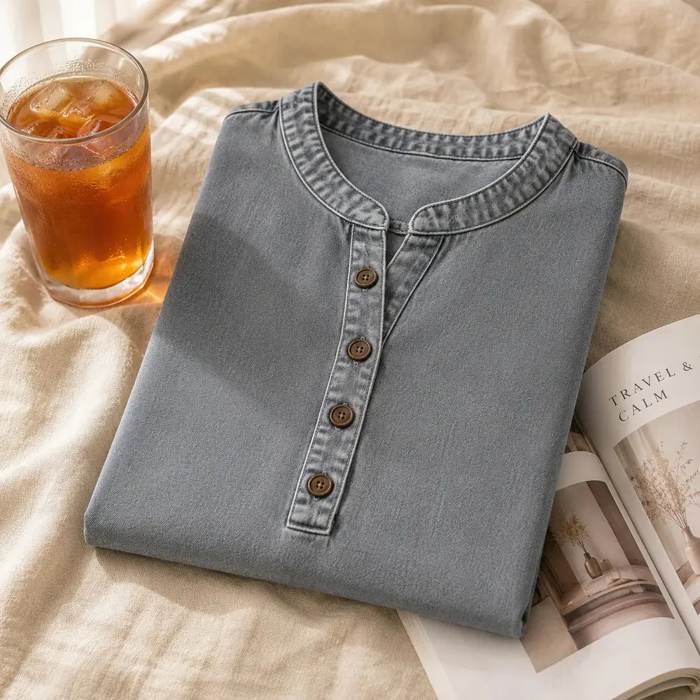 Gray Women's Henley Tunic Top — Freya Button-Front Side-Button Relaxed Fit - Flat Lay
