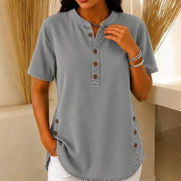 Gray Women's Henley Tunic Top — Freya Button-Front Side-Button Relaxed Fit - Front Close Up