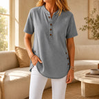 Gray Women's Henley Tunic Top — Freya Button-Front Side-Button Relaxed Fit - Front Lifestyle