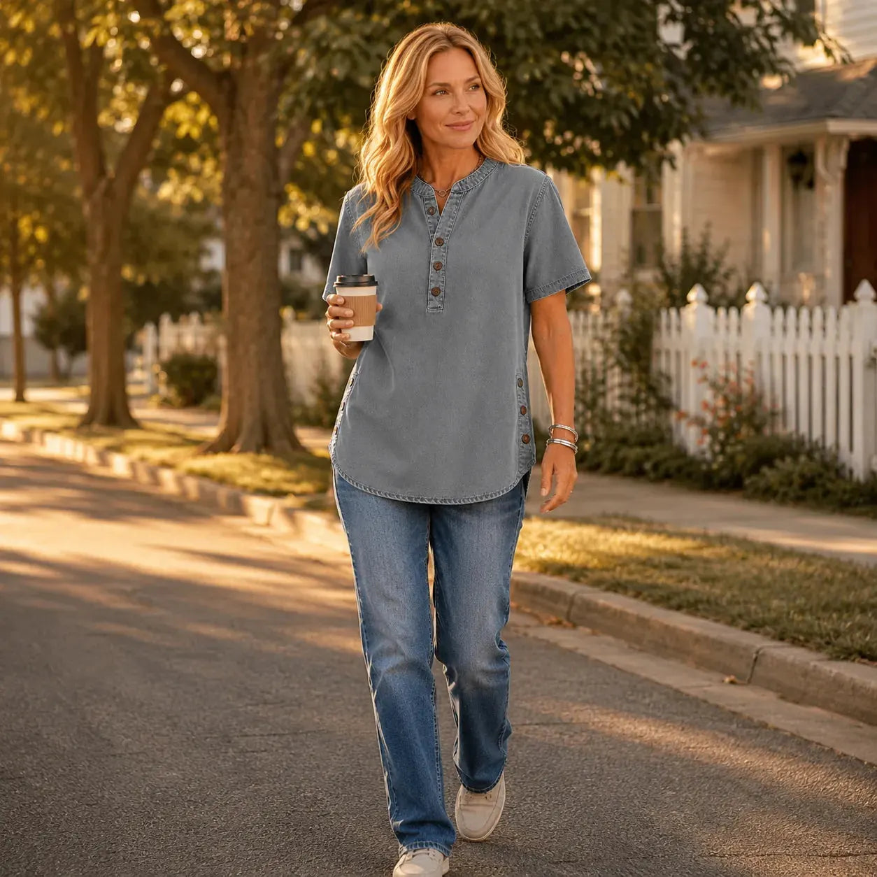 Light Blue Women's Henley Tunic Top — Freya Button-Front Side-Button Relaxed Fit - Model Walking