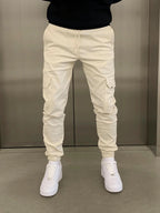 Beige Men's Slim Fit Cargo Joggers with Drawstring Waist & Tapered Cuffs