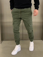 Green Men's Slim Fit Cargo Joggers with Drawstring Waist & Tapered Cuffs