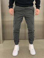 Grey Men's Slim Fit Cargo Joggers with Drawstring Waist & Tapered Cuffs
