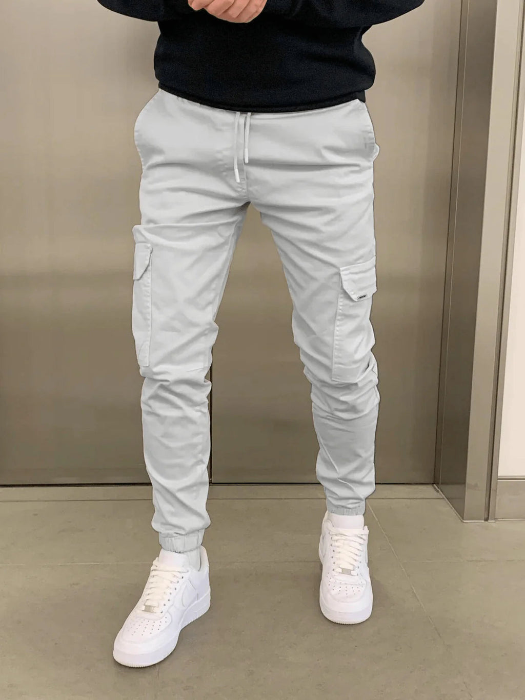 Light Grey Men's Slim Fit Cargo Joggers with Drawstring Waist & Tapered Cuffs