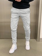 Light Grey Men's Slim Fit Cargo Joggers with Drawstring Waist & Tapered Cuffs