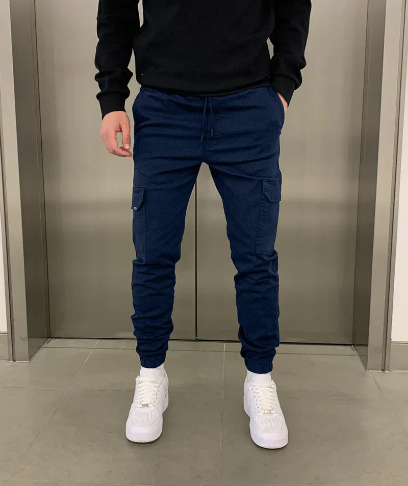 Navy Blue Men's Slim Fit Cargo Joggers with Drawstring Waist & Tapered Cuffs