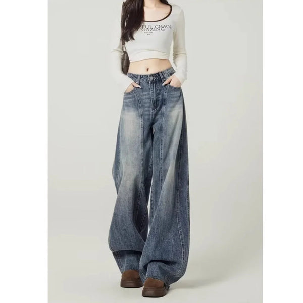 Blue Women's High Waist Barrel Leg Jeans — Amber Wide-Leg Washed High-Waisted - Front Full
